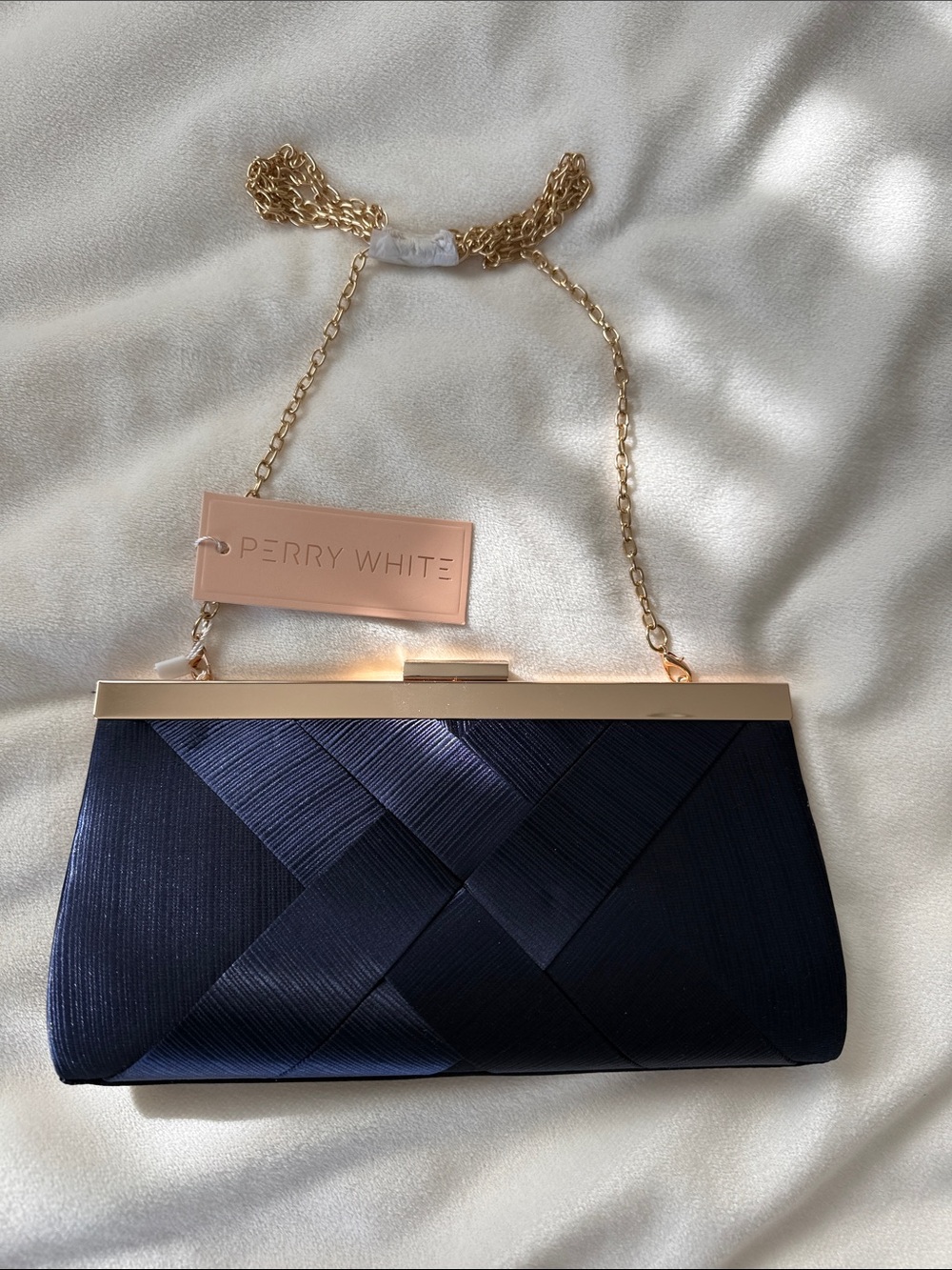 NWT- Perry White Navy Satin Clutch with detachable Gold Chain